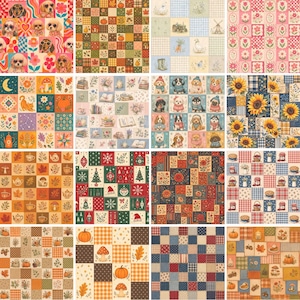 May include: A collection of sixteen square digital paper patterns featuring diverse themes including dogs, autumn leaves, pumpkins, sunflowers, Christmas ornaments, mushrooms, and checkered prints in various color palettes and grid layouts.