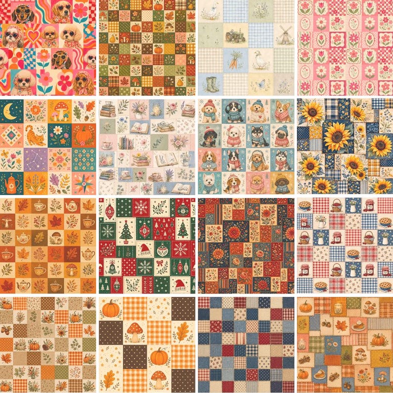 May include: A collection of sixteen square digital paper patterns featuring diverse themes including dogs, autumn leaves, pumpkins, sunflowers, Christmas ornaments, mushrooms, and checkered prints in various color palettes and grid layouts.