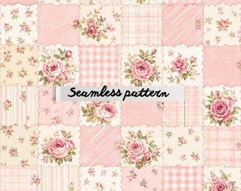 Shabby Chic Rose Patchwork Seamless Pattern, Vintage Pink Floral Quilt Design, Cottagecore Gingham Repeat Tile JPG