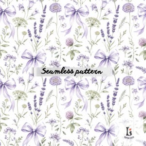 Pode incluir: Um padrão sem costura com ilustrações em aquarela de lavanda, laços e várias flores em tons de roxo e verde sobre um fundo branco. O texto "Seamless pattern" é exibido no centro.