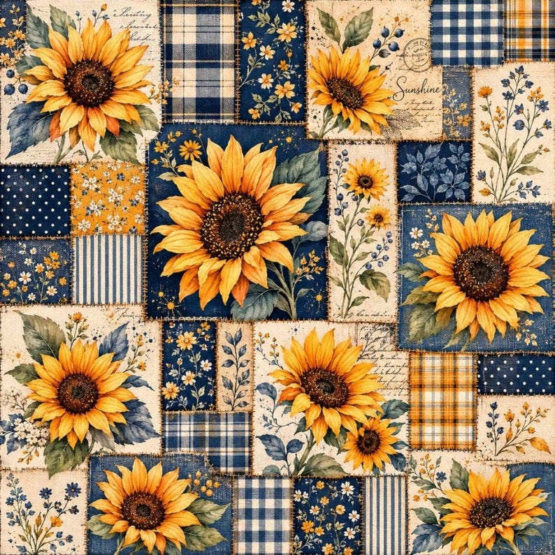 May include: A patchwork-style fabric design featuring vibrant yellow sunflowers and blue floral patterns. The composition includes various squares and rectangles with navy blue and white plaid, polka dots, and script text accents throughout.