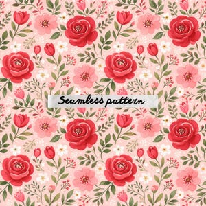 Pode incluir: Um padrão contínuo com um design floral repetitivo sobre um fundo rosa claro. A ilustração inclui rosas vermelhas grandes, flores cor-de-rosa mais pequenas, flores brancas minúsculas, folhas verdes e bagas vermelhas. O texto Seamless pattern é visível.