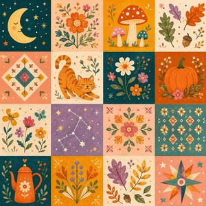 May include: A grid of sixteen square illustrations featuring a crescent moon, orange flowers, mushrooms, autumn leaves, a geometric diamond pattern, a stretching orange tabby cat, daisies, a pumpkin, wildflowers, a constellation, floral motifs, and a teapot.