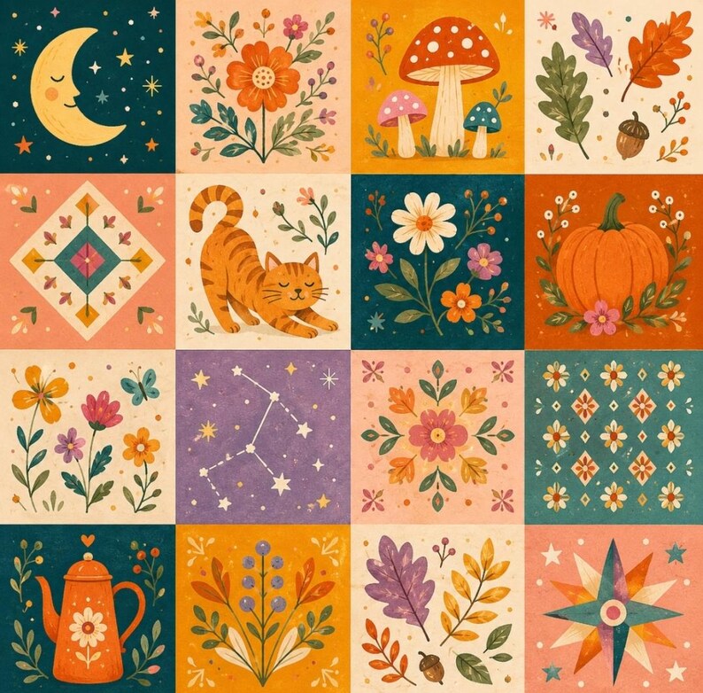 May include: A grid of sixteen square illustrations featuring a crescent moon, orange flowers, mushrooms, autumn leaves, a geometric diamond pattern, a stretching orange tabby cat, daisies, a pumpkin, wildflowers, a constellation, floral motifs, and a teapot.
