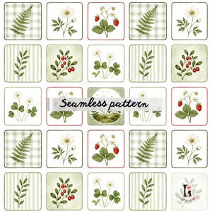 Pode incluir: Um padrão sem costura com ilustrações botânicas de samambaias, morangos, flores e bagas dentro de molduras quadradas. Algumas molduras têm fundos xadrez ou listrados. O texto "Seamless pattern" é sobreposto ao design.