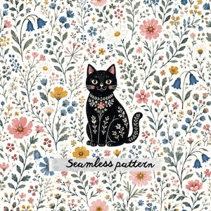 Pode incluir: Um padrão sem costuras apresentando um gato preto com marcas florais brancas sentado centralmente entre um arranjo denso de flores silvestres em tons de rosa, azul, amarelo e verde sobre um fundo branco, com o texto Seamless pattern.