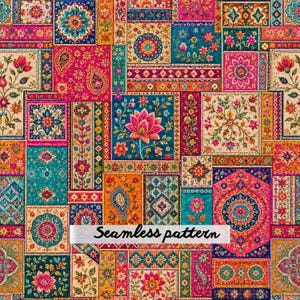 Pode incluir: Um padrão sem costuras com um mosaico vibrante de azulejos retangulares e quadrados. O design exibe motivos florais intrincados, formas paisley e mandalas geométricas em tons de rosa profundo, azul-petróleo, laranja e dourado com o texto Seamless pattern.