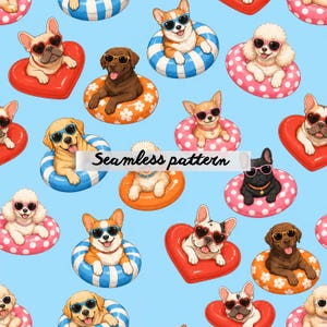 May include: A seamless pattern on a light blue background featuring various dog breeds wearing sunglasses and floating in colorful pool rings and heart-shaped floats. The text Seamless pattern is centered across the middle of the image.