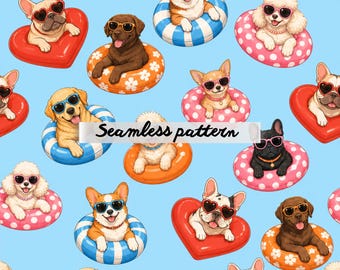 Summer Pool Dogs Seamless Pattern, Cute Puppy Floatie Repeat, Beach Dog Wallpaper, Fun Tropical Pet Fabric JPG