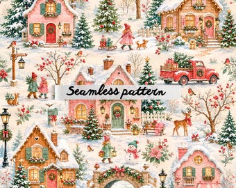 Whimsical Christmas Village Seamless Pattern, Pastel Winter Cottagecore Wallpaper, Holiday Watercolor Fabric Print