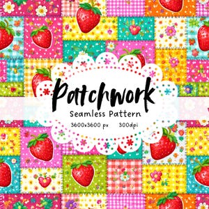 Może przedstawiać: Kolorowy wzór patchwork z truskawkami i motywami kwiatowymi. Projekt zawiera kwadraty w różnych kolorach i wzorach, ze słowem "Patchwork" pośrodku. Obraz zawiera również tekst "Seamless Pattern" i wymiary.