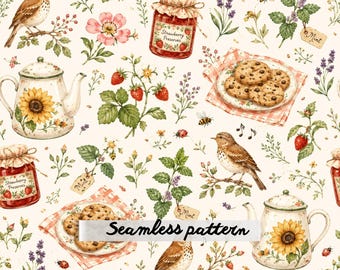 Strawberry Cottage Tea Party Seamless Pattern, Watercolor Songbirds, Strawberry Jam, Sunflower Teapots, Cottagecore Fabric Design