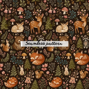 May include: A seamless pattern featuring woodland animals and foliage on a dark brown background. The design includes deer, foxes, bears, rabbits, squirrels, mushrooms, and flowers. The text "Seamless pattern" is displayed across the image.