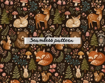 Nahtloses Muster mit Waldtieren, Fuchs, Reh, Bär, Hase, Blumenmuster, gemütlicher Cottagecore-Waldstoff, verspieltes Kinderzimmer-Textil (JPG)