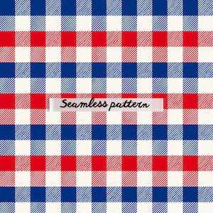 Pode incluir: Um padrão sem costura com um design xadrez clássico em vermelho, branco e azul. O padrão consiste em quadrados uniformemente espaçados, criando um efeito xadrez. As palavras "Seamless pattern" estão escritas na imagem.
