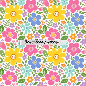 Pode incluir: Um padrão sem costuras com um design floral vibrante sobre um fundo branco. A ilustração inclui flores amarelas, cor-de-rosa, azuis e turquesas com folhas verdes e pequenos detalhes roxos. Uma faixa branca exibe o texto Seamless pattern.