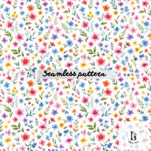 Pode incluir: Um padrão sem costura com um design em aquarela de flores coloridas em tons de rosa, vermelho, azul, amarelo e roxo, com folhas verdes sobre um fundo branco. O texto "Seamless pattern" é exibido.