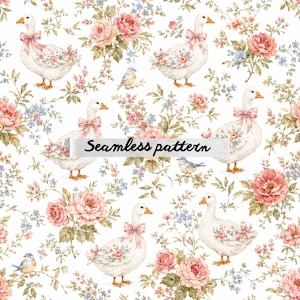 Pode incluir: Padrão sem costura com gansos brancos adornados com detalhes florais e laços rosa, rodeados por rosas cor-de-rosa, flores azuis e vegetação. O texto "Seamless pattern" é exibido na imagem.