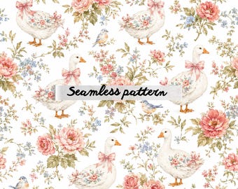 Whimsical Goose Garden Seamless Pattern | Cottagecore Floral Geese Wallpaper | Vintage Peony Duck Fabric | Pastel Nursery Print