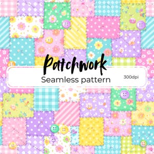 Pode incluir: Um padrão de patchwork colorido com quadrados de várias cores pastel, incluindo rosa, azul, amarelo e roxo. Cada quadrado apresenta padrões diferentes, como bolinhas, listras e desenhos florais. O texto "Patchwork Seamless pattern" é exibido.