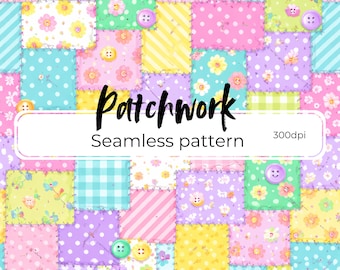 Nahtloses florales Patchworkmuster im PNG-Format. Digitaler Download eines kleinen, farbenfrohen Blumendrucks für Stoffe.