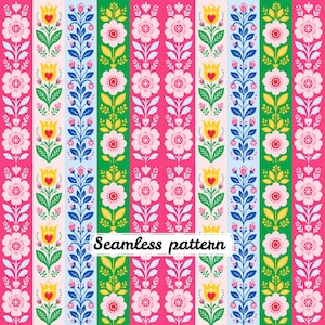 May include: A seamless pattern featuring vertical stripes of repeating floral motifs in pink, yellow, green, and blue. The design includes stylized flowers, leaves, and heart shapes on alternating colored backgrounds with the text Seamless pattern.