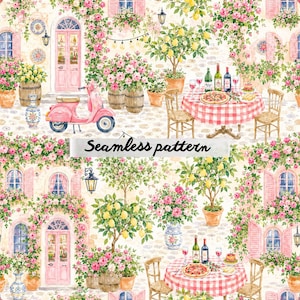 May include: Watercolor illustration of a seamless pattern featuring an Italian scene. Pink doors and windows are surrounded by climbing roses. A pink scooter, tables with pizza, and lemon trees are also present. The text "Seamless pattern" is displayed.
