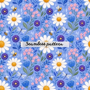 May include: A seamless pattern featuring white daisies with yellow centers, purple globe-shaped flowers, blue bell-shaped flowers, and small pink blossoms on a light blue background. The design includes yellow bees and white dragonflies. Text reads Seamless pattern.