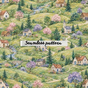 Pode incluir: Um padrão sem costura com uma ilustração em aquarela de uma vila pitoresca aninhada em colinas verdes. A cena inclui casas com telhados vermelhos, uma igreja, um riacho e árvores coloridas. O texto "Seamless pattern" é exibido.