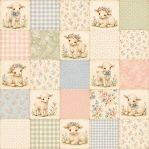 May include: A patchwork fabric design featuring a grid of squares with illustrations of lambs, some wearing blue bows or floral crowns, interspersed with patterns of pink and blue gingham, polka dots, and small floral prints in soft pastel tones.