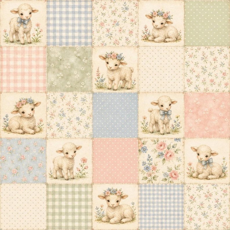 May include: A patchwork fabric design featuring a grid of squares with illustrations of lambs, some wearing blue bows or floral crowns, interspersed with patterns of pink and blue gingham, polka dots, and small floral prints in soft pastel tones.