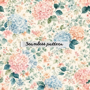 Puede incluir: Un patrón sin costuras con ilustraciones estilo acuarela de racimos de hortensias rosas y azules, pequeñas flores blancas y hojas verdes sobre un fondo crema. Una banda horizontal blanca muestra el texto Seamless pattern.