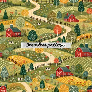 Puede incluir: Patrón sin costuras que presenta un paisaje rural con colinas verdes, graneros rojos, caminos de tierra sinuosos y vallas negras. Las vacas pastan entre árboles y flores. Se muestra el texto "Seamless pattern".