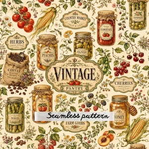 Peut inclure: Un motif répétitif illustrant des articles de garde-manger dans un style vintage, incluant des bocaux de tomates, pêches, olives, cornichons et miel, avec du café, du maïs, des cerises et des baies, et des étiquettes comme Country Market.