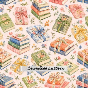 Vintage Floral Books Seamless Pattern Digital Paper Cottagecore Book Lover Fabric Print JPG