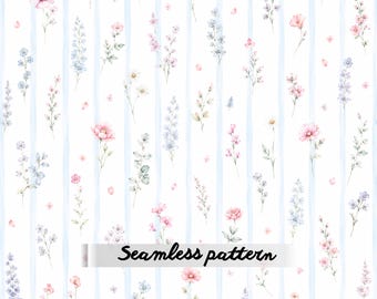 Pastel Wildflower Stripe Seamless Pattern JPG, Cottage Garden Floral Fabric, Blue Pink Watercolor Textile Print