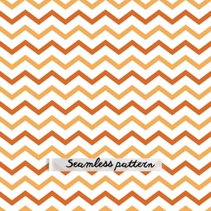 Puede incluir: Un patrón sin costuras que presenta líneas horizontales en zigzag repetitivas en tonos alternos de naranja quemado y amarillo claro sobre un fondo blanco sólido. Una etiqueta rectangular con el texto Seamless pattern está centrada.