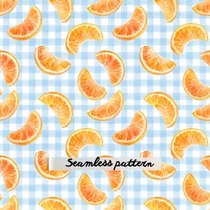 Watercolor Citrus Seamless Pattern JPG, Orange Slice Blue Gingham Fabric, Summer Fruit Digital Paper Repeat Tile