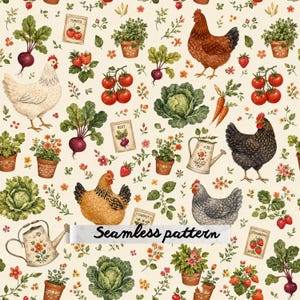 Farmhouse Garden Chickens Seamless Pattern, Watercolor Hens, Vegetable Garden Harvest, Cottage Farm Florals, Country Fabric Design