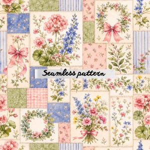 Pode incluir: Um padrão sem costuras com um design de patchwork de blocos retangulares com ilustrações em aguarela de gerânios cor-de-rosa, delfínios azuis, grinaldas florais com laços cor-de-rosa, folhagem verde e texturas às riscas ou aos quadrados azuis e brancas.