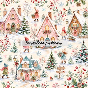 Op de afbeelding: Waterverfillustratie van een winterdorp met besneeuwde huizen, groenblijvende bomen en kinderen. De woorden "Seamless pattern" staan over de afbeelding geschreven. Het kleurenpalet omvat roze, groen en rood.