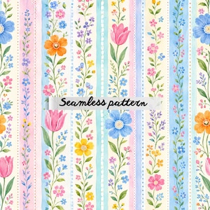 Pode incluir: Um padrão sem costuras com riscas verticais em rosa pastel, azul e creme, decorado com ilustrações em aguarela de várias flores, incluindo túlipas, margaridas e miosótis. O texto Seamless pattern está centrado.