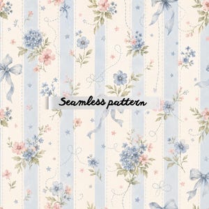 Pode incluir: Padrão sem costura com flores azuis e rosas, laços e estrelas em um fundo creme com listras azuis verticais. O texto "Seamless pattern" é exibido na imagem.