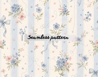 Blue Floral Ribbon Seamless Pattern JPG, Shabby Chic Stripe Digital Paper, Soft Cottagecore Bow Fabric Print