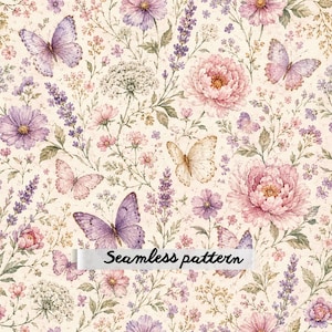 Könnte beinhalten: Ein nahtloses Muster mit einem sich wiederholenden Design aus Schmetterlingen, Lavendelzweigen und rosa Pfingstrosen auf cremefarbenem Hintergrund. Die Illustration enthält verschiedene Wildblumen und Blätter in sanften Lila-, Rosa- und Grüntönen.