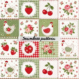 May include: A seamless pattern featuring a patchwork design with various motifs. The pattern includes images of chickens, strawberries, cherries, and roses. The background incorporates gingham, polka dots, and floral elements. The text "Seamless pattern" is displayed.