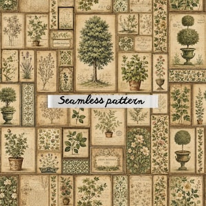 Pode incluir: Um padrão contínuo com uma colagem de ilustrações botânicas de estilo vintage. O design inclui várias árvores, plantas em vasos e arranjos florais em molduras retangulares sobre um fundo bege com texto.