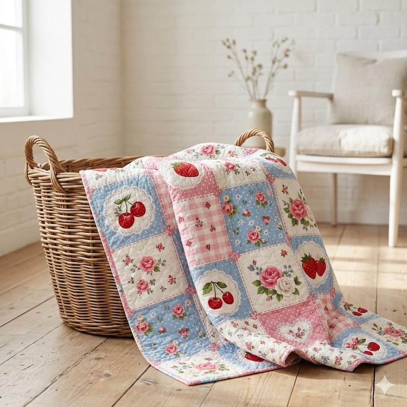 May include: A floral and fruit-patterned patchwork quilt with cherries, strawberries, and roses. The quilt is draped over a wicker basket. The quilt's colours are blue, pink, and white. The quilt is on a wooden floor.