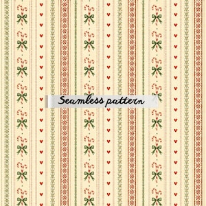 May include: A seamless pattern featuring vertical stripes in cream, red, and green. Candy canes with green bows alternate with red hearts. The text "Seamless pattern" is displayed on a white banner.
