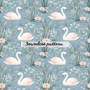Pode incluir: Um padrão sem costura com cisnes brancos com detalhes em rosa, nadando em um lago azul claro com nenúfares rosa, juncos e pequenas flores brancas. O texto "Seamless pattern" é exibido.